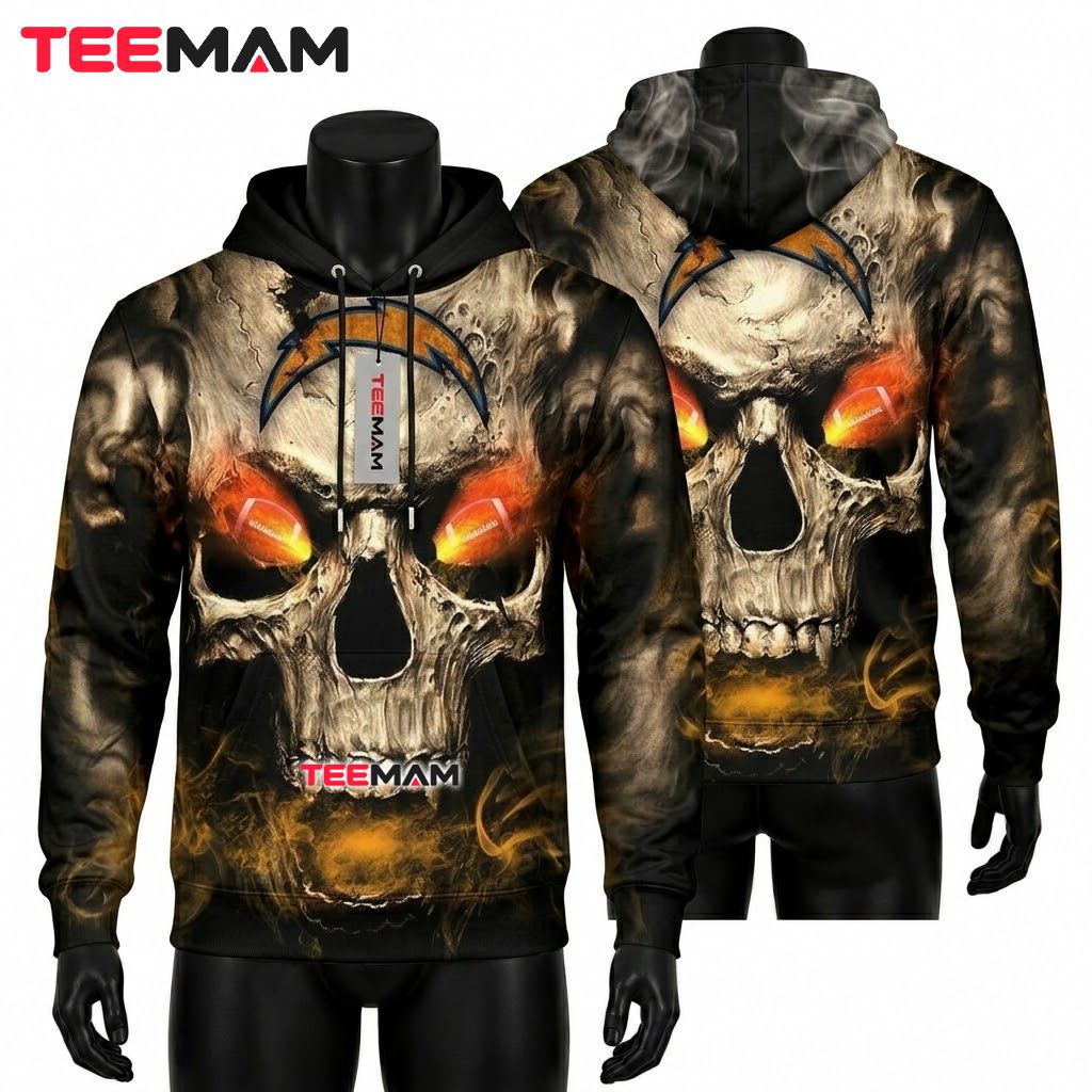 Los Angeles Chargers 3D Hoodie Blazing Eyes Skull Football Front