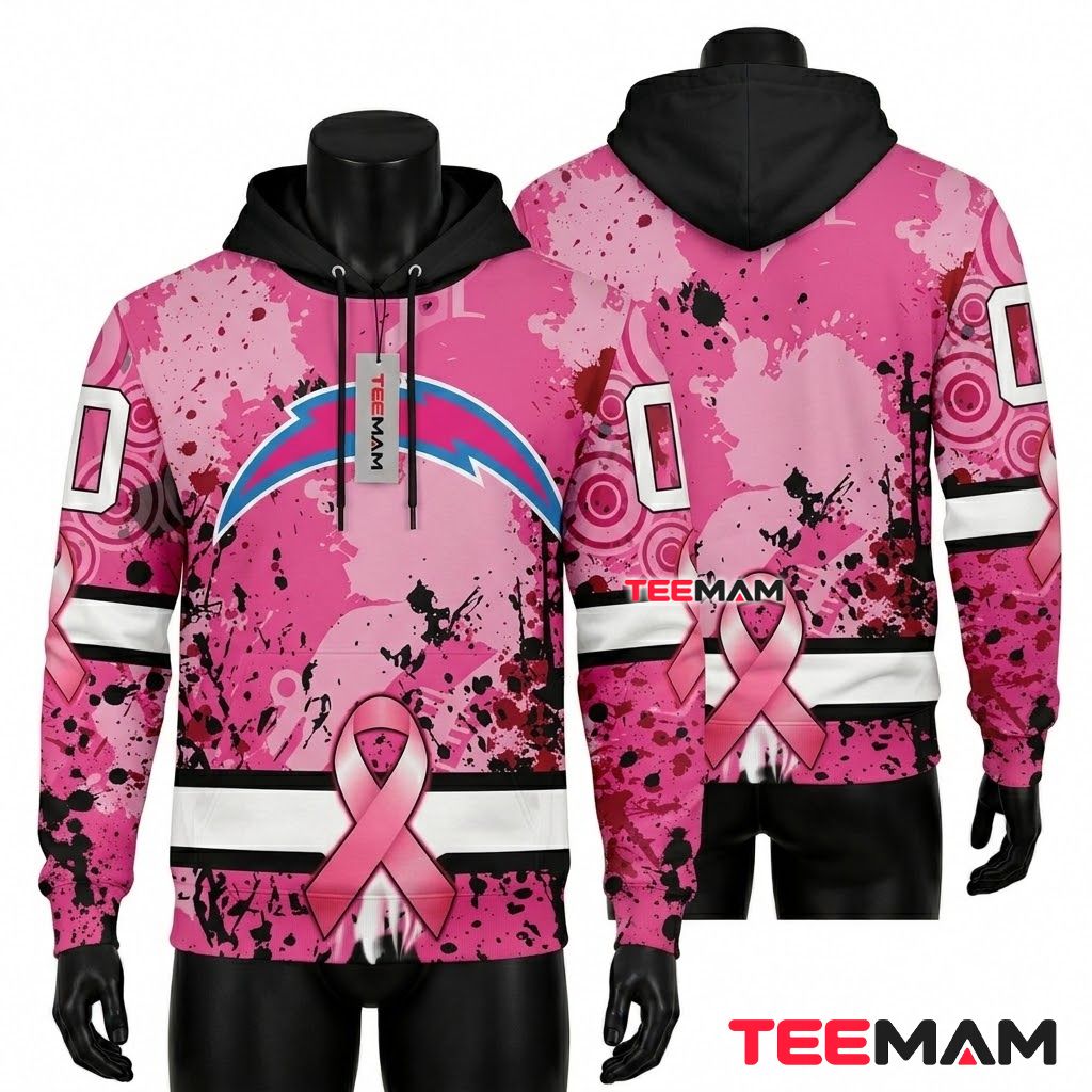 Los Angeles Chargers 3D Hoodie Breast Cancer Awareness Pink Splatter Front