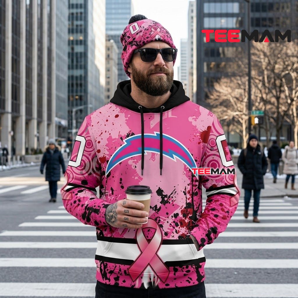 Los Angeles Chargers 3D Hoodie Breast Cancer Awareness Pink Splatter Back Los Angeles Chargers 3D Hoodie Breast Cancer Awareness Pink Splatter Back