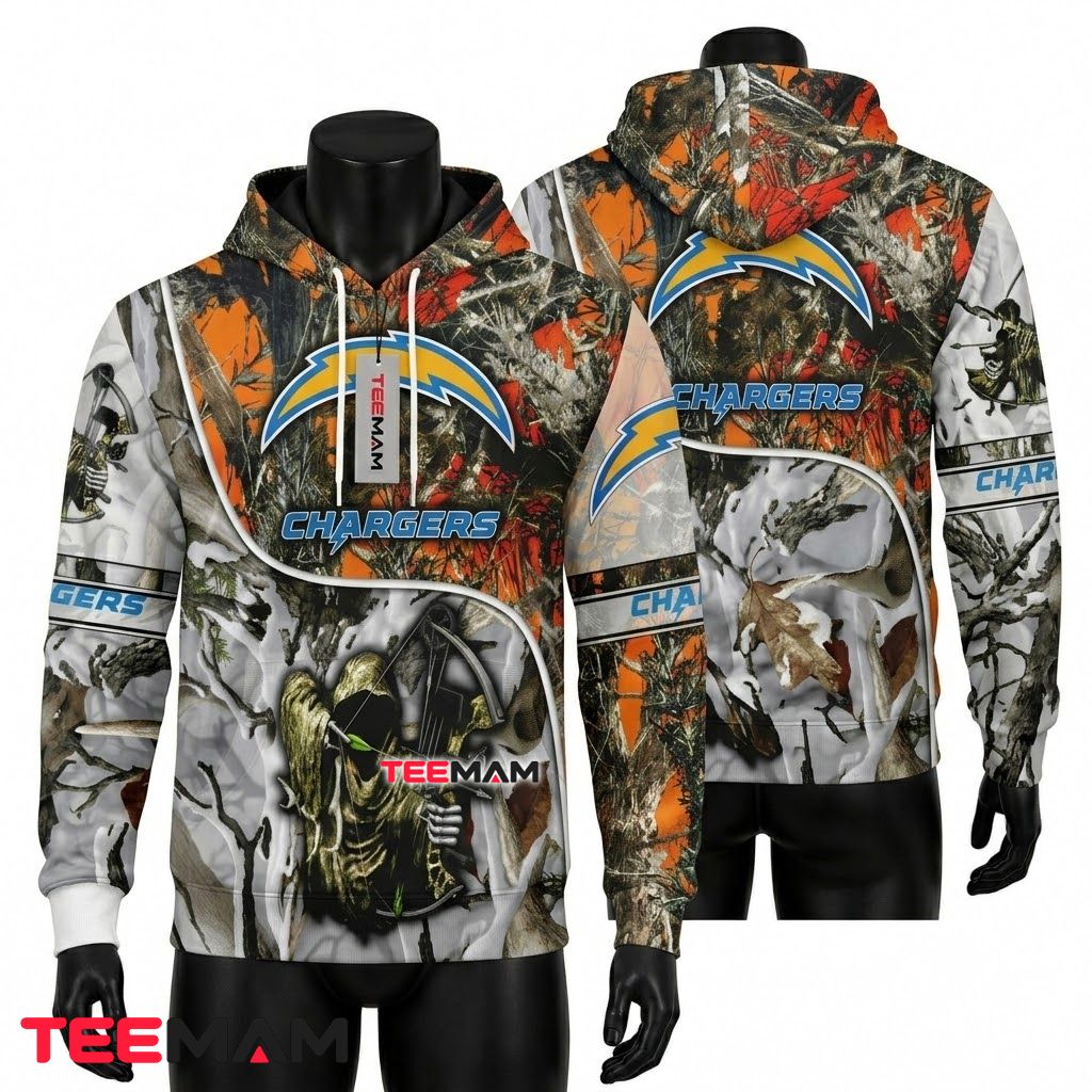 Los Angeles Chargers 3D Hoodie Camo Hunting Grim Reaper Bow Front