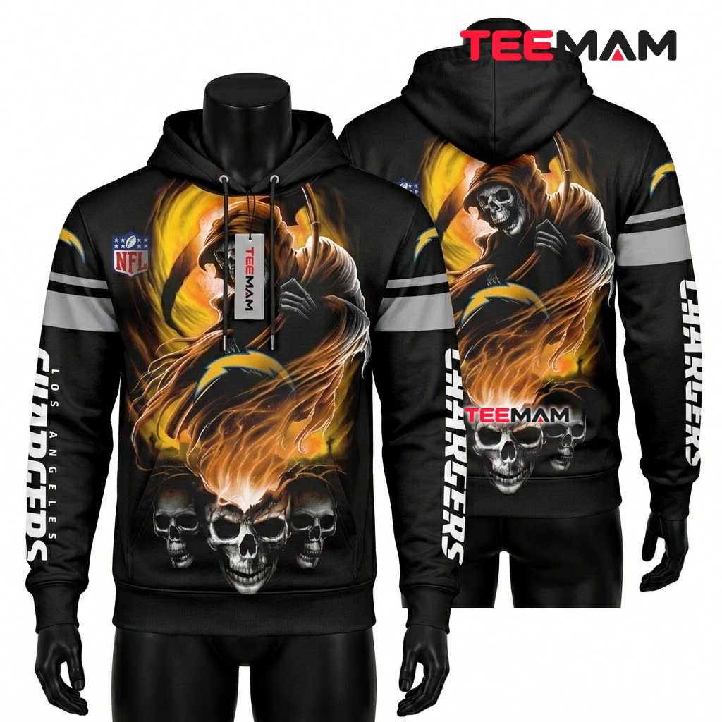 Los Angeles Chargers 3D Hoodie Fiery Grim Reaper Skull Trio Front