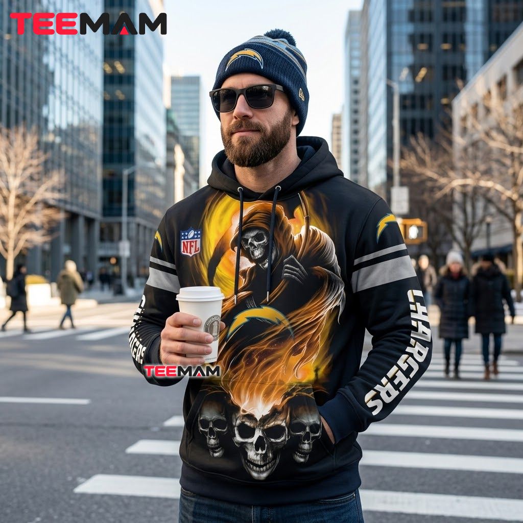 Los Angeles Chargers 3D Hoodie Fiery Grim Reaper Skull Trio Back Los Angeles Chargers 3D Hoodie Fiery Grim Reaper Skull Trio Back