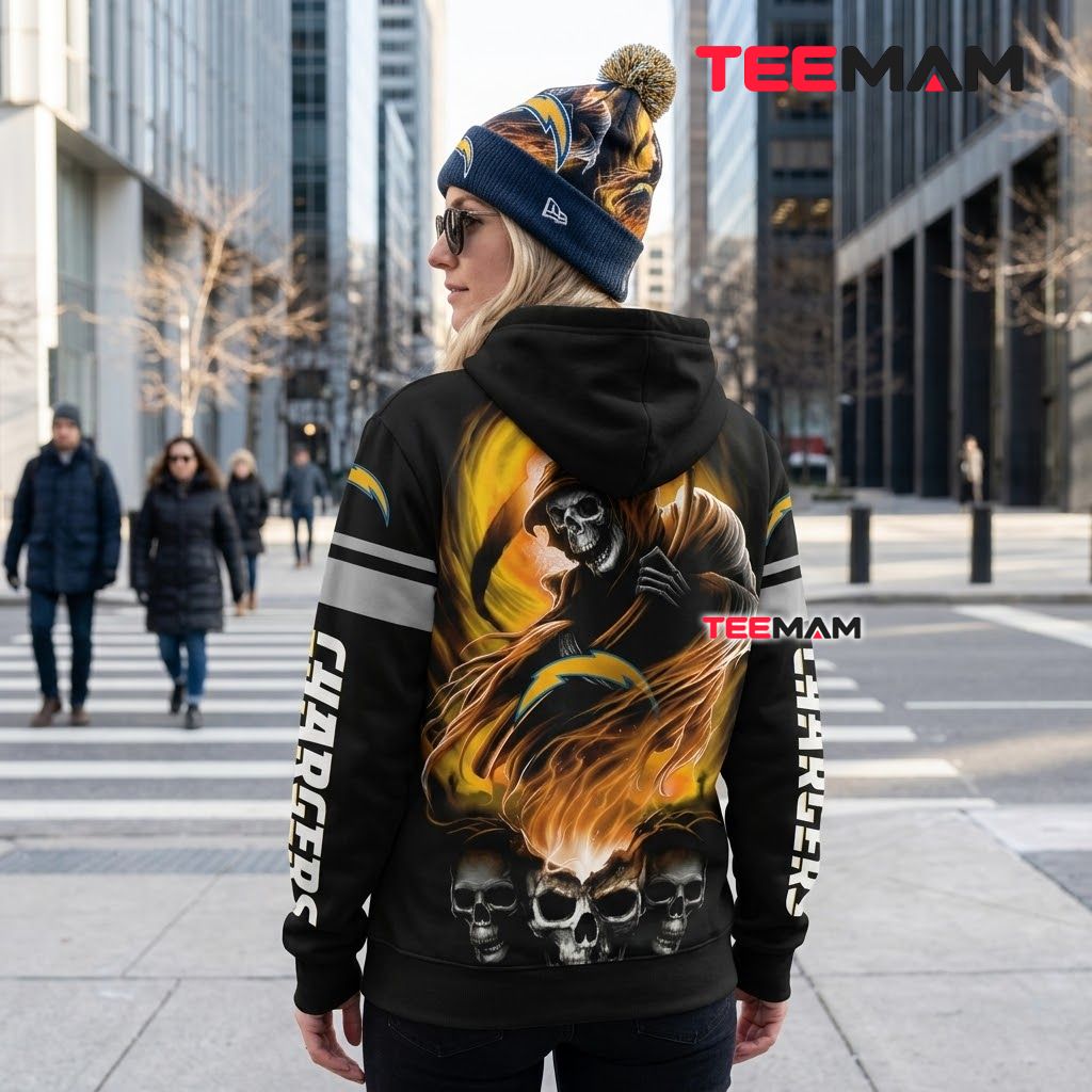 Los Angeles Chargers 3D Hoodie Fiery Grim Reaper Skull Trio Version 3 Los Angeles Chargers 3D Hoodie Fiery Grim Reaper Skull Trio Version 3