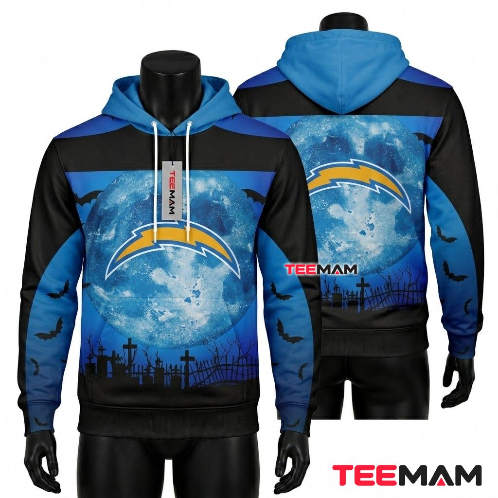 Los Angeles Chargers 3D Hoodie Full Moon Graveyard Halloween Front