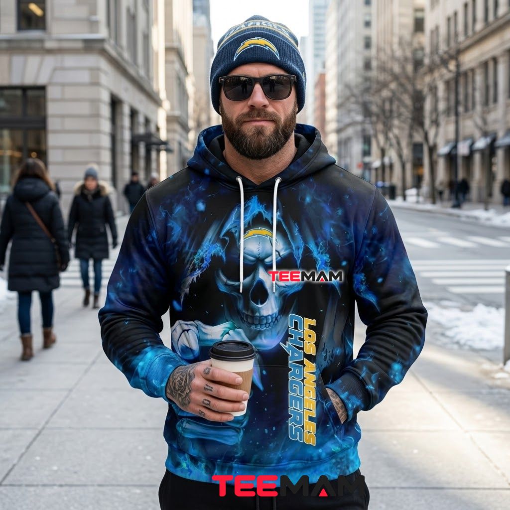 Los Angeles Chargers 3D Hoodie Icy Skull Fist Back Los Angeles Chargers 3D Hoodie Icy Skull Fist Back