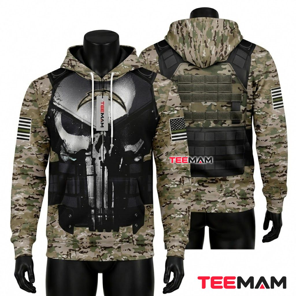Los Angeles Chargers 3D Hoodie Punisher Skull Camo Armor Front
