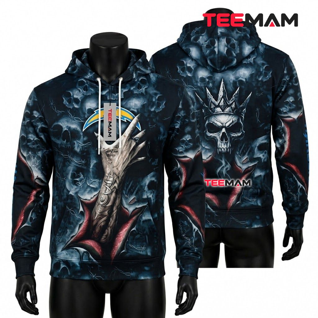 Los Angeles Chargers 3D Hoodie Rock Hand Skull Barbed Wire Front