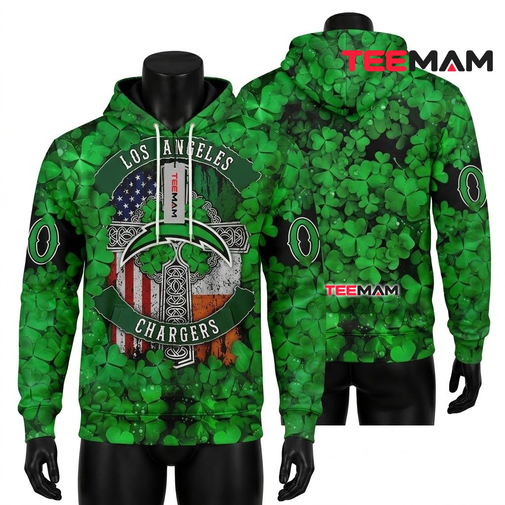 Los Angeles Chargers 3D Hoodie St Patrick Celtic Cross Shamrock Front