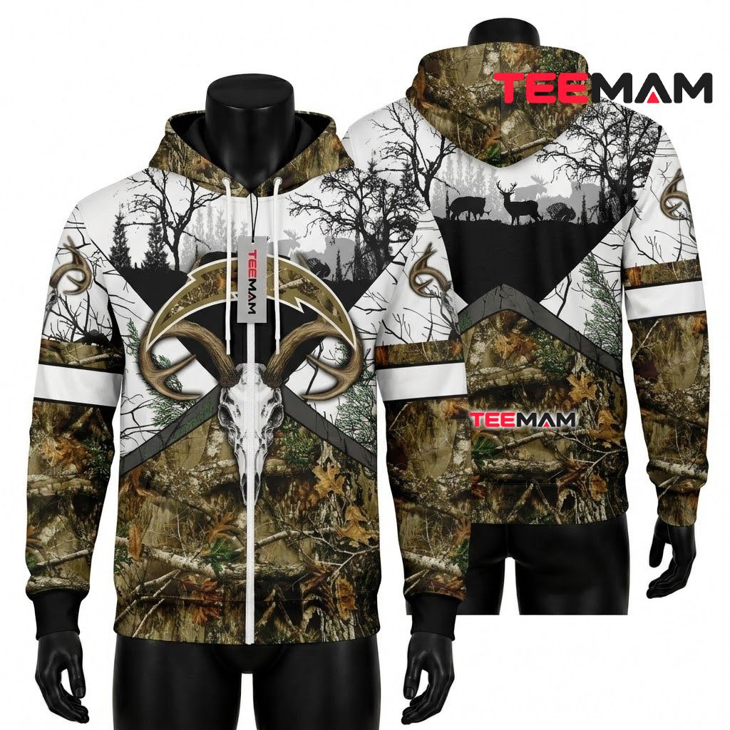 Los Angeles Chargers 3D Zip Hoodie Deer Skull Antler Camo Front