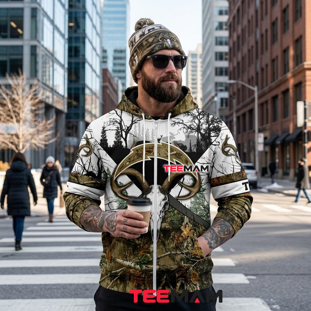 Los Angeles Chargers 3D Zip Hoodie Deer Skull Antler Camo Back Los Angeles Chargers 3D Zip Hoodie Deer Skull Antler Camo Back