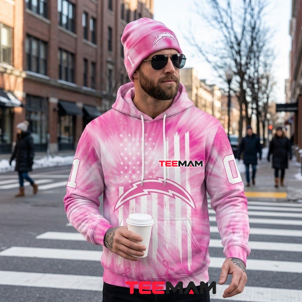 Los Angeles Chargers 3D Zip Hoodie Pink Tie Dye Flag Back Los Angeles Chargers 3D Zip Hoodie Pink Tie Dye Flag Back