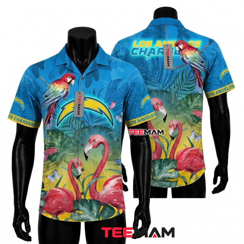 Los Angeles Chargers Hawaiian Shirt Flamingo Parrot Front