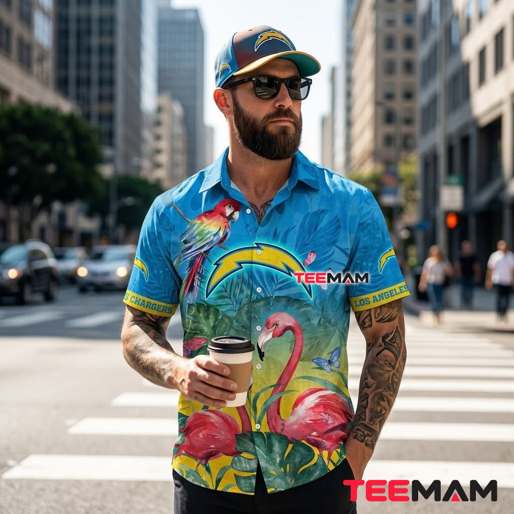 Los Angeles Chargers Hawaiian Shirt Flamingo Parrot Back Los Angeles Chargers Hawaiian Shirt Flamingo Parrot Back