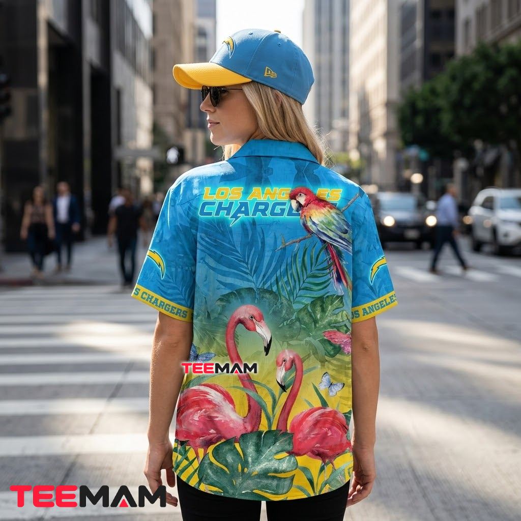 Los Angeles Chargers Hawaiian Shirt Flamingo Parrot Version 3 Los Angeles Chargers Hawaiian Shirt Flamingo Parrot Version 3