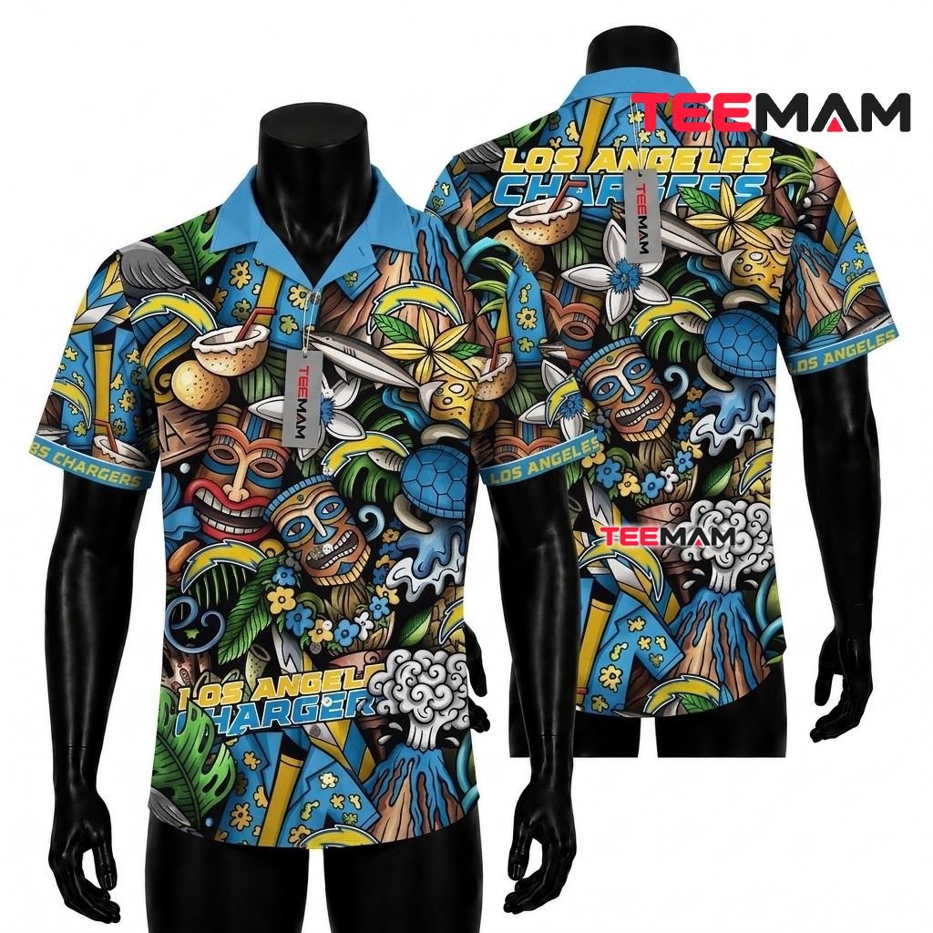 Los Angeles Chargers Hawaiian Shirt Tiki Mask Front