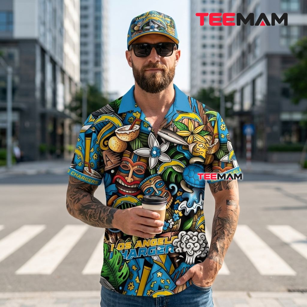 Los Angeles Chargers Hawaiian Shirt Tiki Mask Back Los Angeles Chargers Hawaiian Shirt Tiki Mask Back