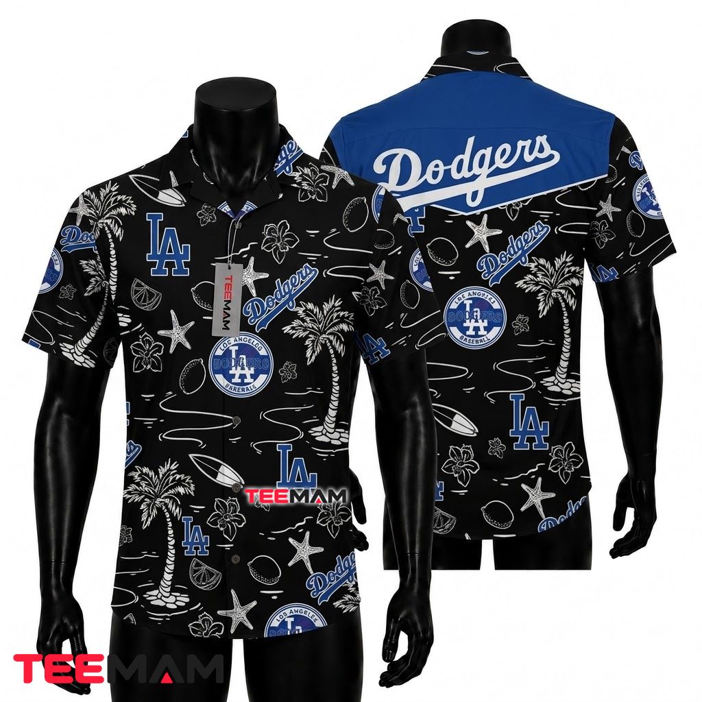 Los Angeles Dodgers Hawaiian Shirt Black Starfish Surfboard Front