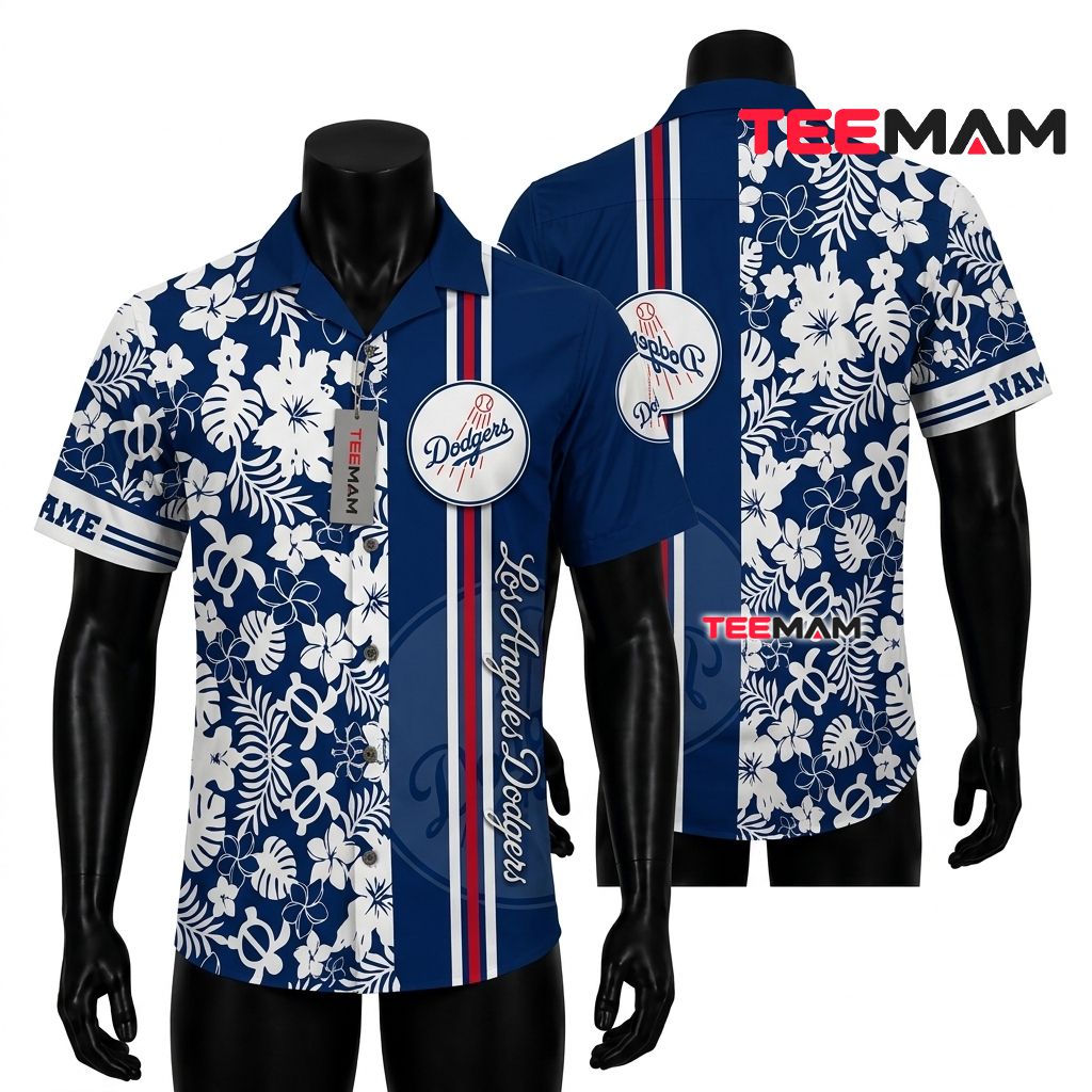 Los Angeles Dodgers Hawaiian Shirt Custom Name Hibiscus Front