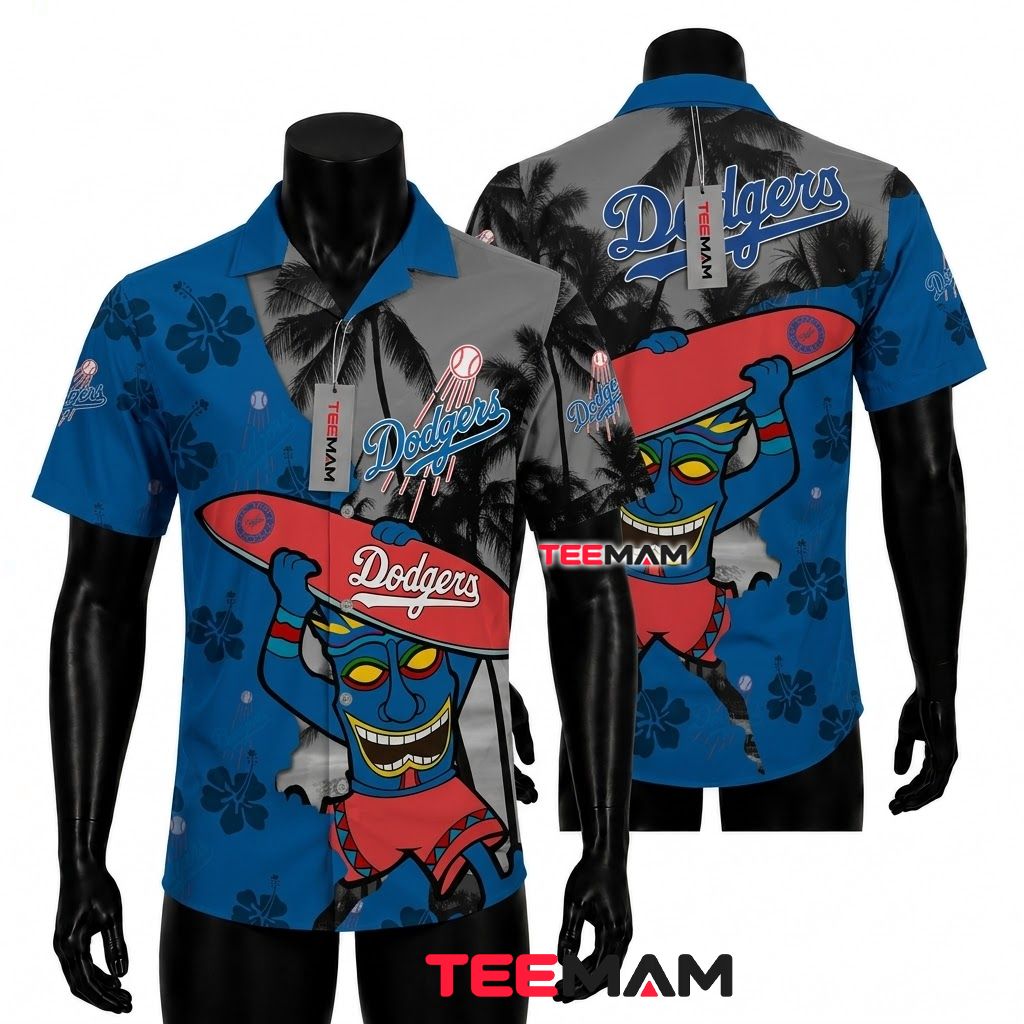 Los Angeles Dodgers Hawaiian Shirt Custom Name Tiki Surfer Front