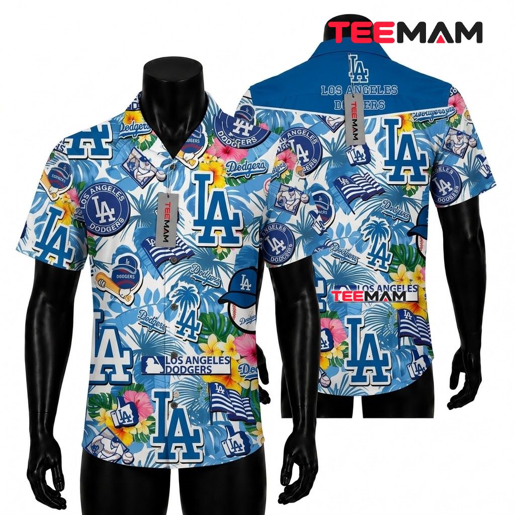 Los Angeles Dodgers Hawaiian Shirt Floral Icons Front