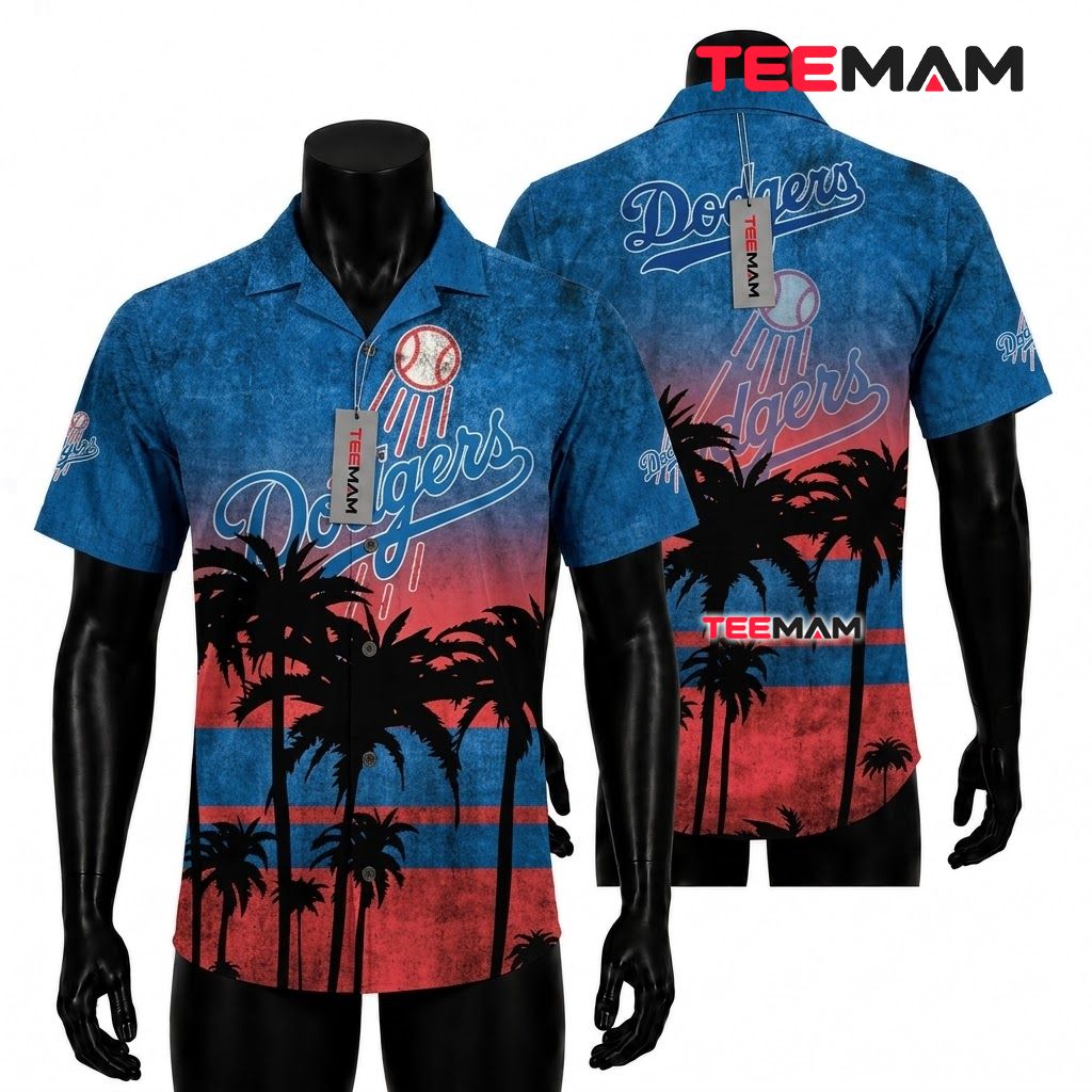 Los Angeles Dodgers Hawaiian Shirt Grunge Palm Silhouette Front