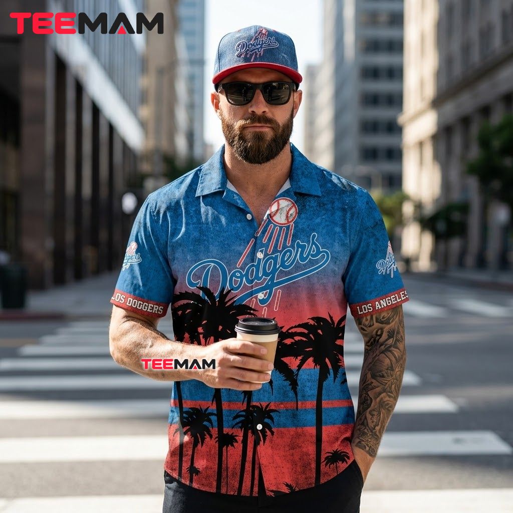 Los Angeles Dodgers Hawaiian Shirt Grunge Palm Silhouette Back Los Angeles Dodgers Hawaiian Shirt Grunge Palm Silhouette Back