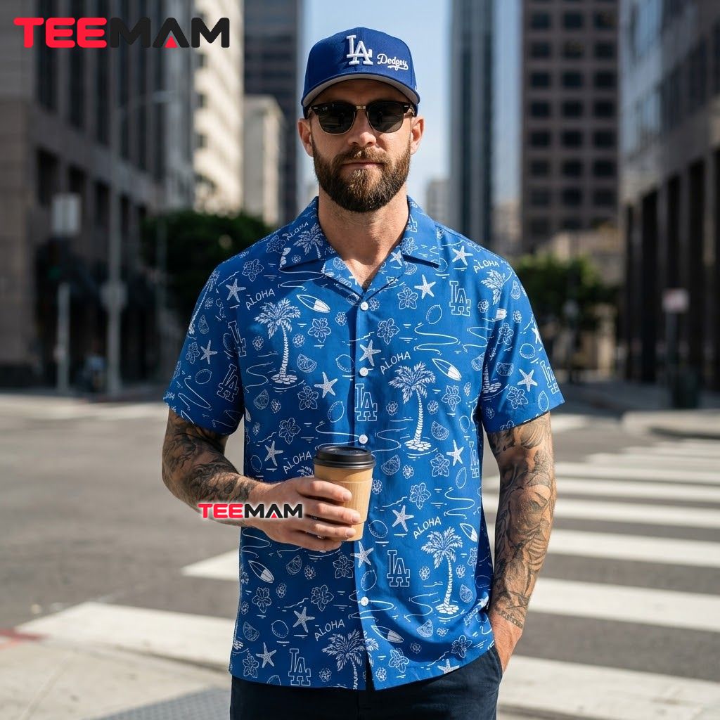 Los Angeles Dodgers Hawaiian Shirt Starfish Palm Tree Surfboard Back Los Angeles Dodgers Hawaiian Shirt Starfish Palm Tree Surfboard Back