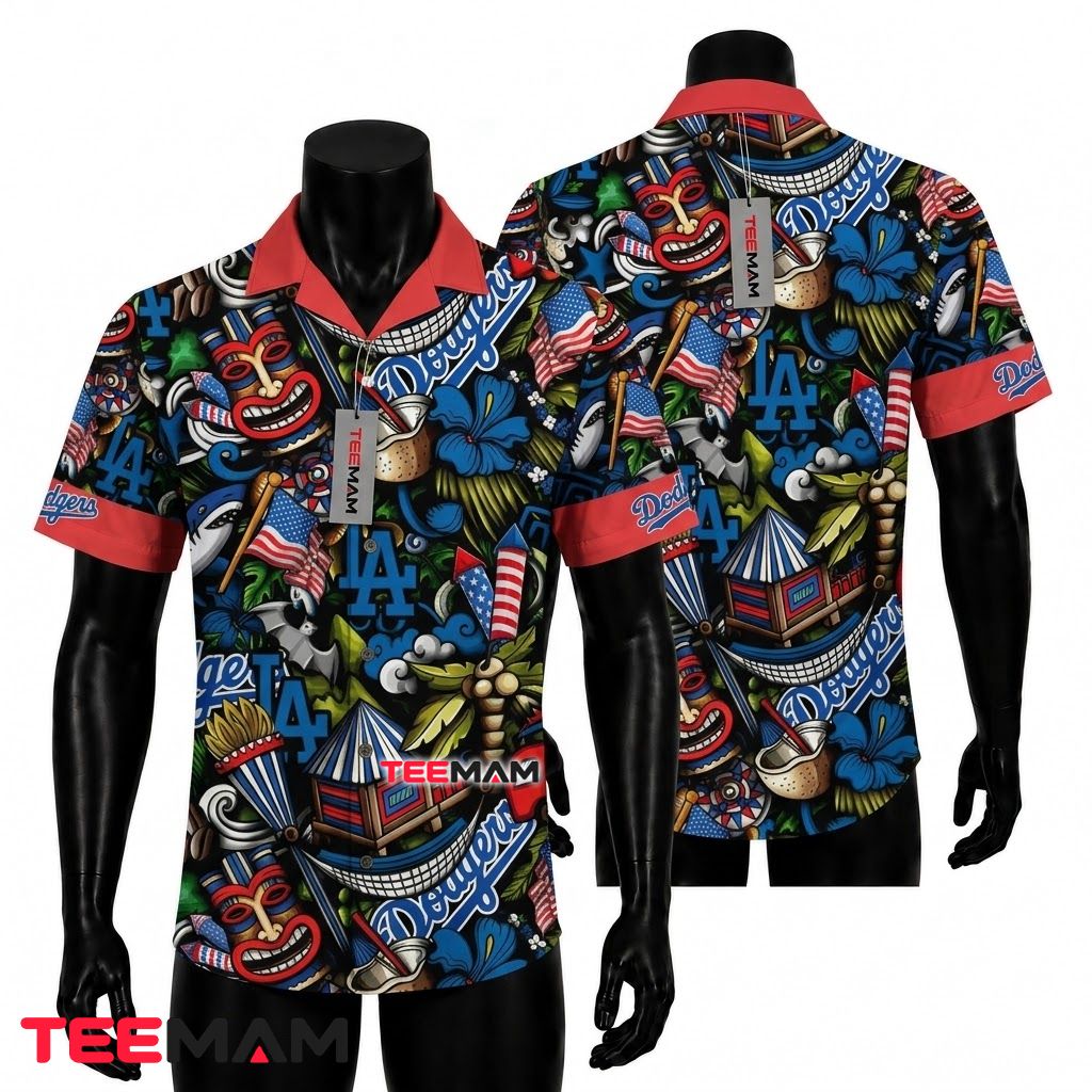 Los Angeles Dodgers Hawaiian Shirt Tiki Doodle Front