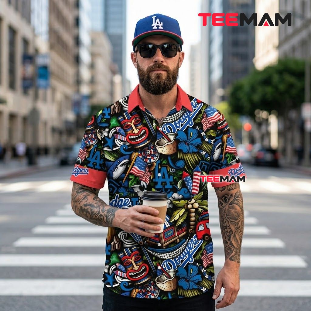 Los Angeles Dodgers Hawaiian Shirt Tiki Doodle Back Los Angeles Dodgers Hawaiian Shirt Tiki Doodle Back