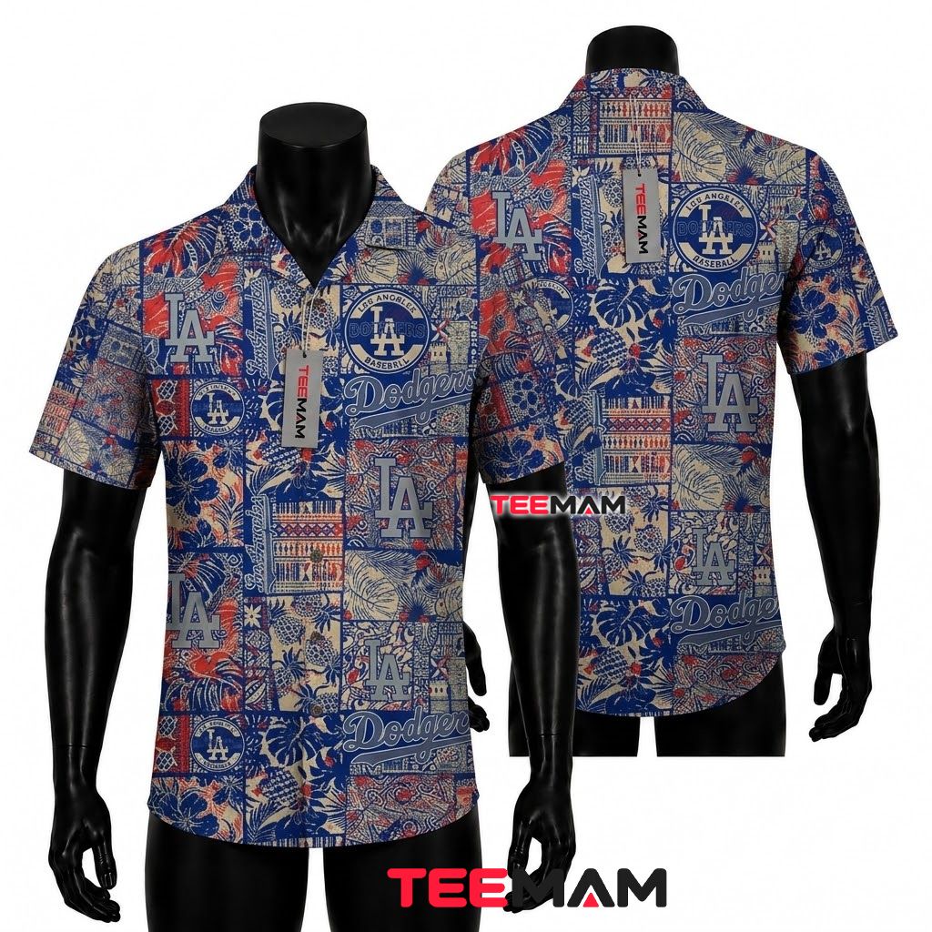 Los Angeles Dodgers Hawaiian Shirt Vintage Tribal Patchwork Front