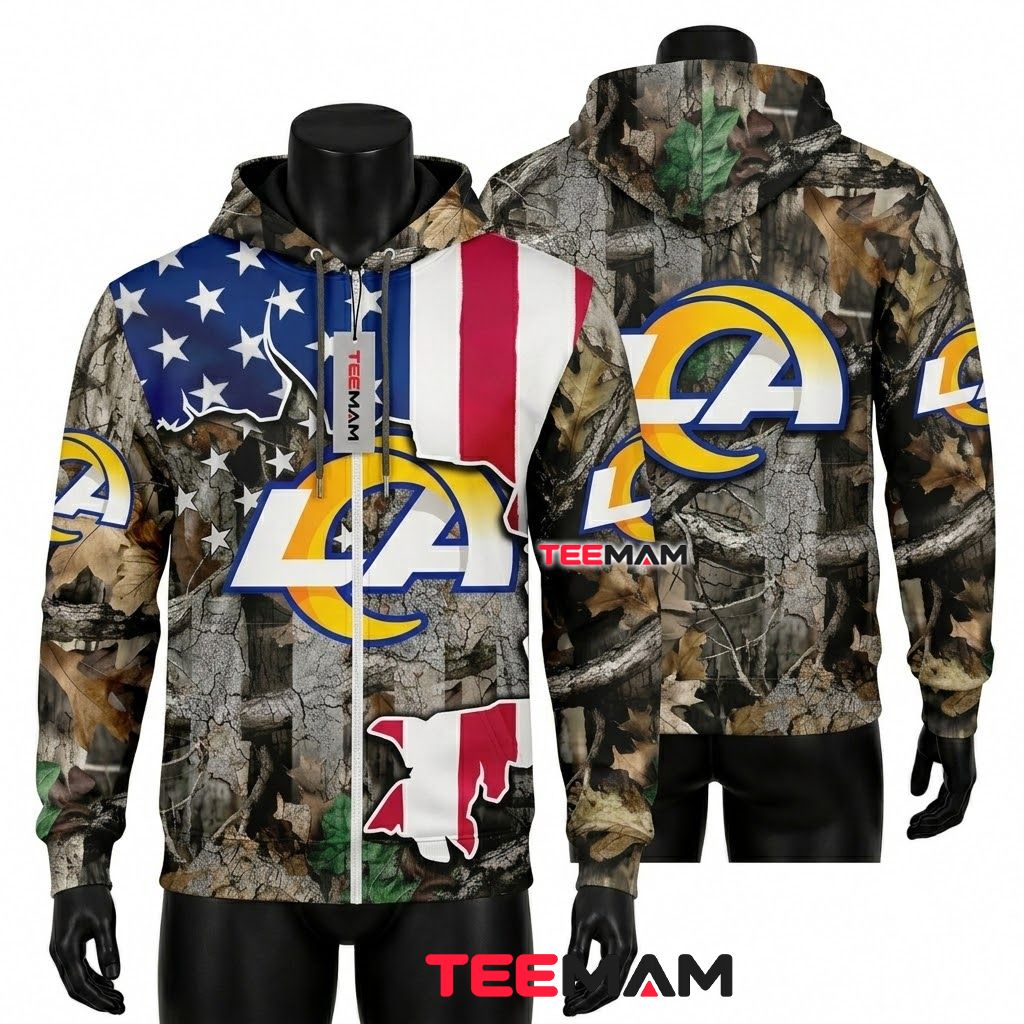 Los Angeles Rams 3D Hoodie American Flag Camo Leaf Split Front
