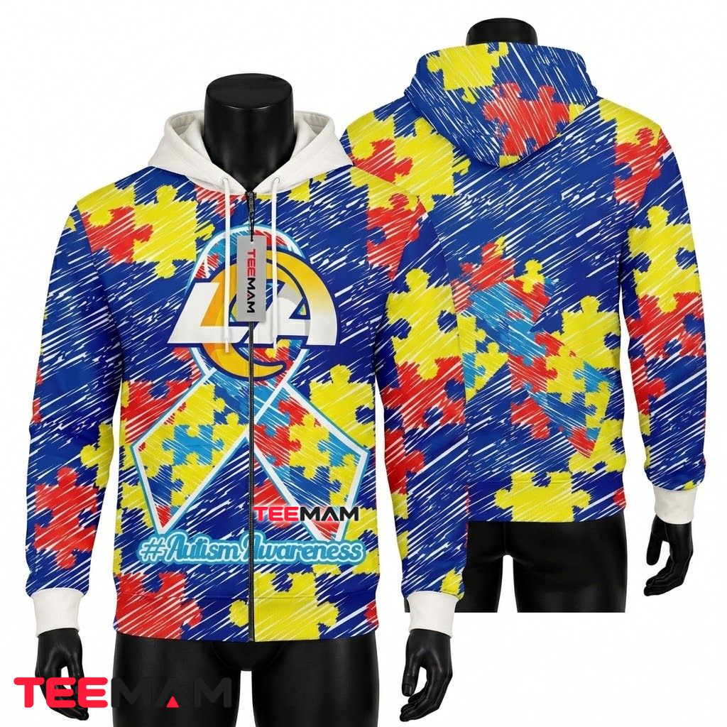 Los Angeles Rams 3D Hoodie Autism Awareness Ribbon Scribble Front