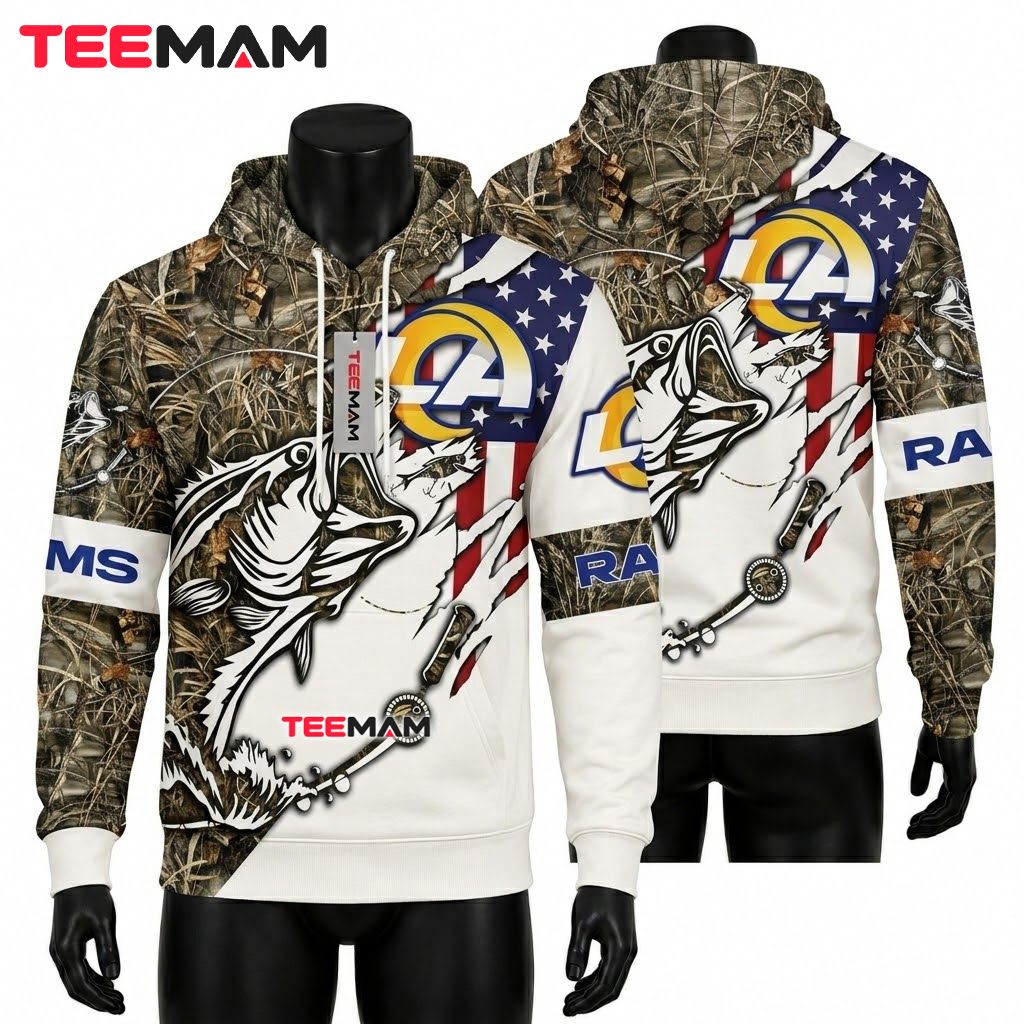Los Angeles Rams 3D Hoodie Bass Fishing Camo Flag Front
