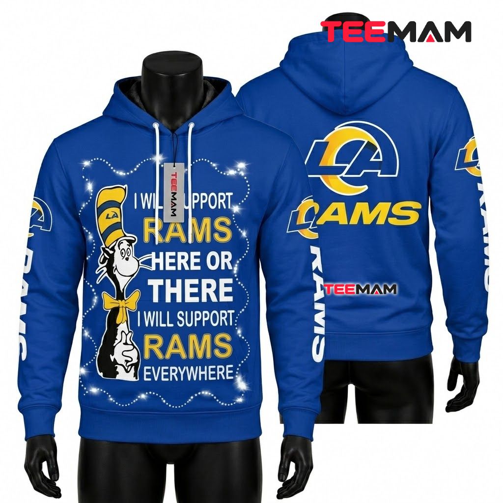 Los Angeles Rams 3D Hoodie Cat In The Hat Support Front