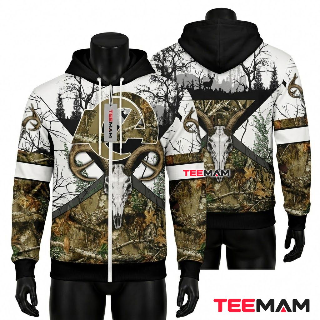 Los Angeles Rams 3D Hoodie Deer Skull Hunting Camo Front