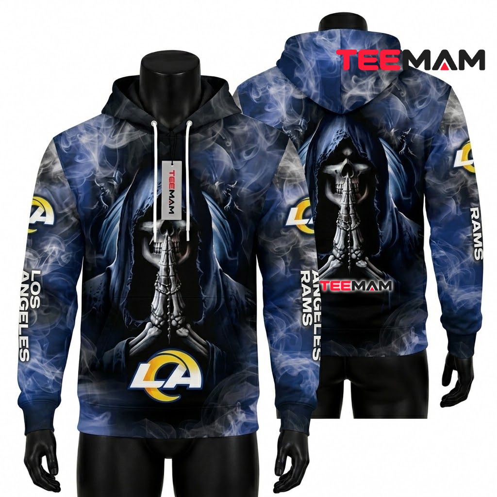 Los Angeles Rams 3D Hoodie Praying Skull Smoke Wings Front