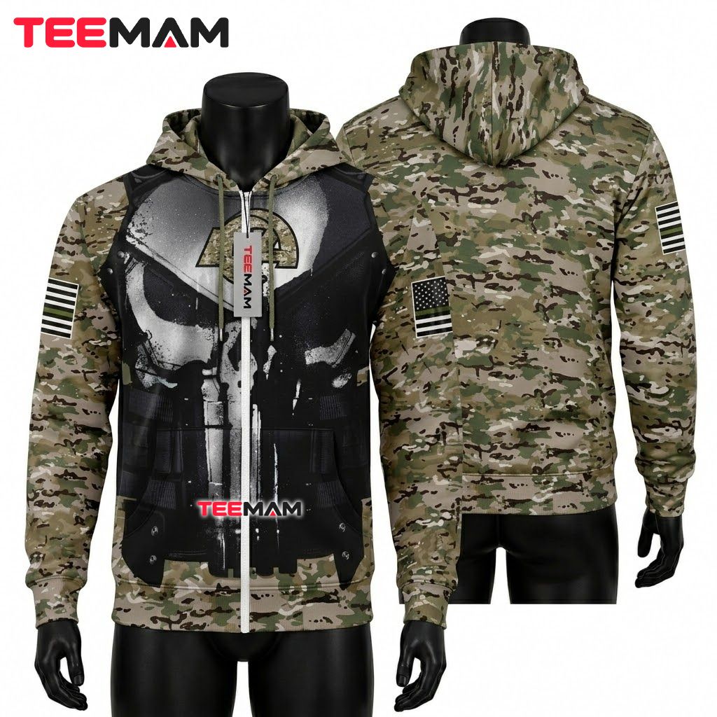 Los Angeles Rams 3D Hoodie Punisher Military Camo Veteran Front