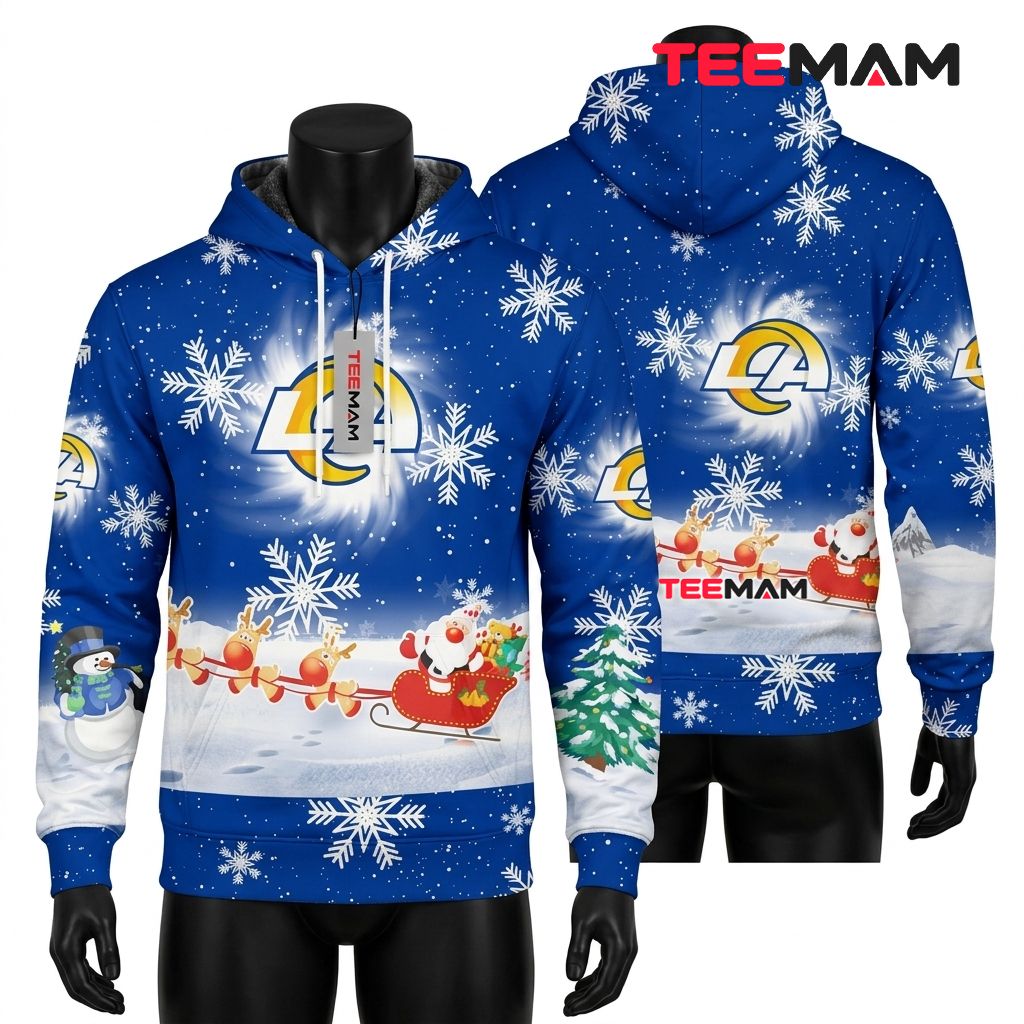 Los Angeles Rams 3D Hoodie Santa Sleigh Snowflake Christmas Front