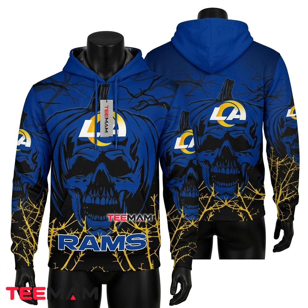 Los Angeles Rams 3D Hoodie Screaming Skull Lightning Branch Front