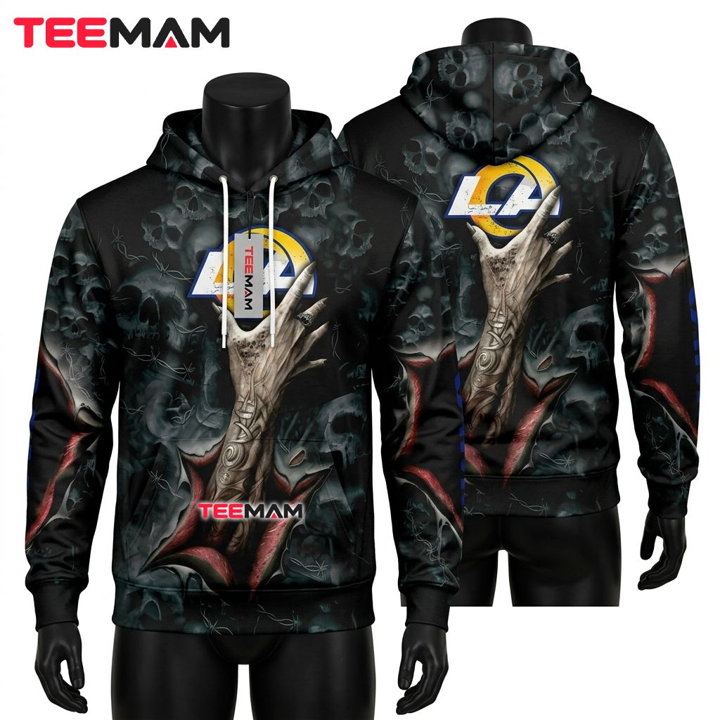Los Angeles Rams 3D Hoodie Skull Hand Gothic Tattoo Front