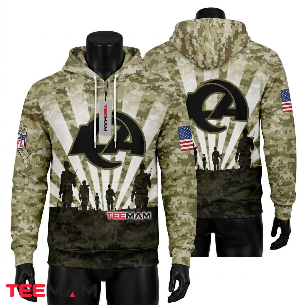 Los Angeles Rams 3D Hoodie Soldier Silhouette Camo Salute Front