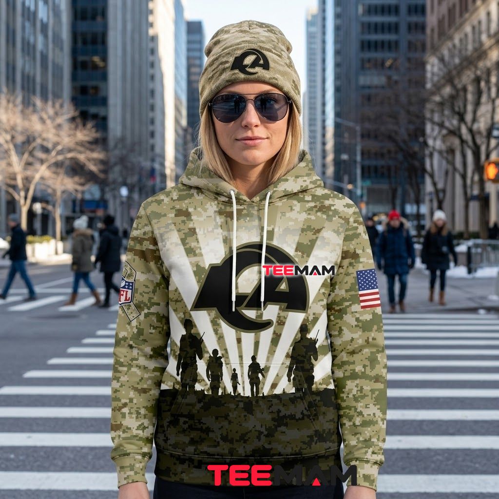 Los Angeles Rams 3D Hoodie Soldier Silhouette Camo Salute Back Los Angeles Rams 3D Hoodie Soldier Silhouette Camo Salute Back