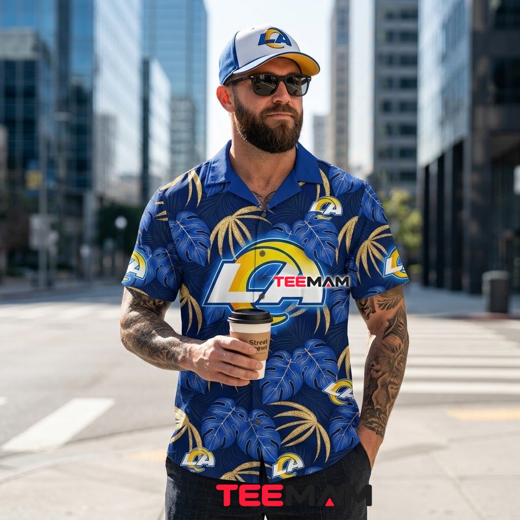 Los Angeles Rams Hawaiian Shirt Gold Monstera Back Los Angeles Rams Hawaiian Shirt Gold Monstera Back