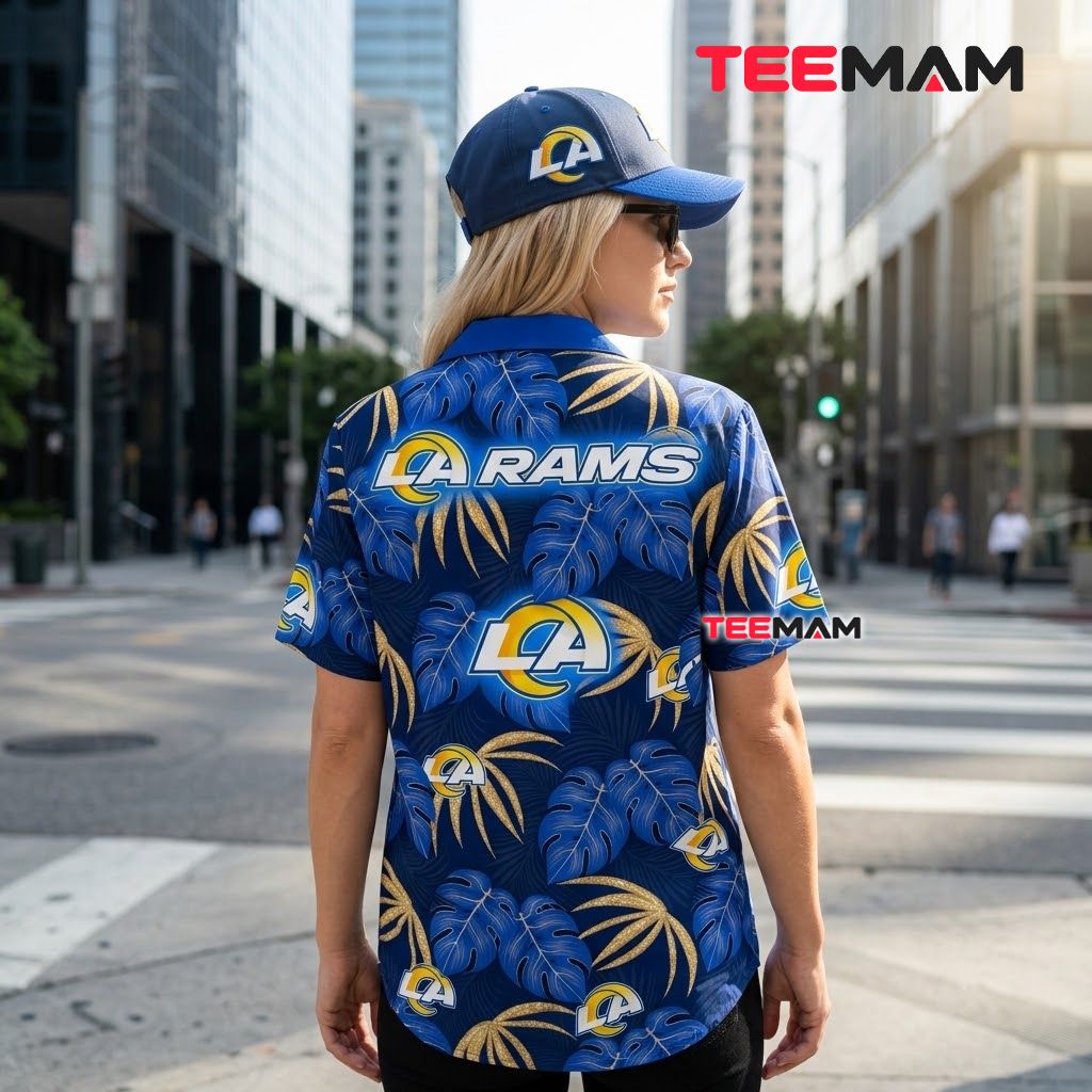 Los Angeles Rams Hawaiian Shirt Gold Monstera Version 3 Los Angeles Rams Hawaiian Shirt Gold Monstera Version 3