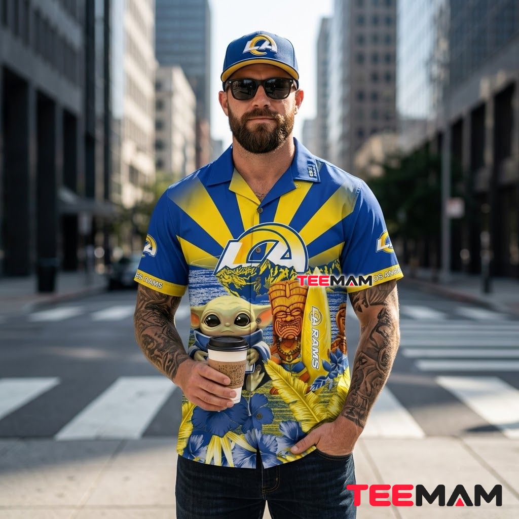 Los Angeles Rams Hawaiian Shirt Tiki Baby Yoda Back Los Angeles Rams Hawaiian Shirt Tiki Baby Yoda Back