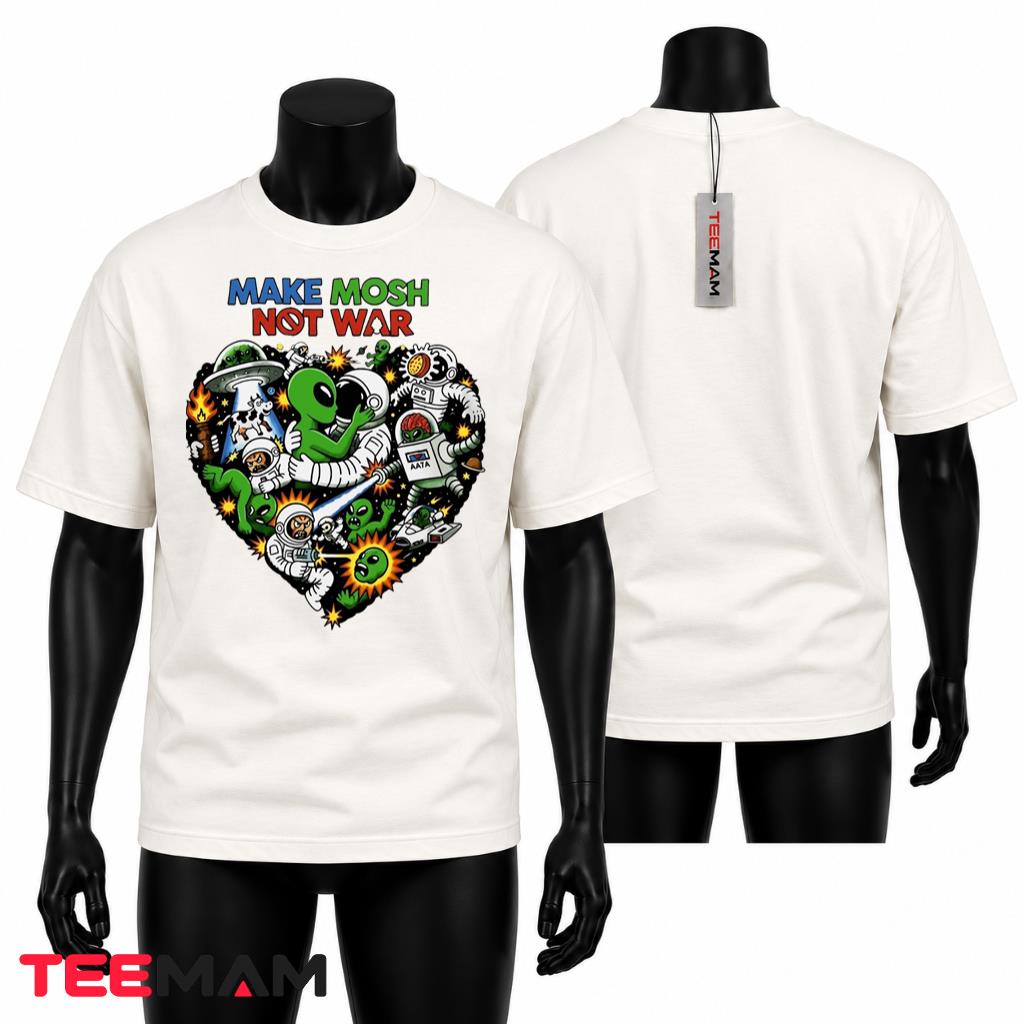 Make Mosh Not War Alien Astronaut UFO Space Heart Graphic T-Shirt