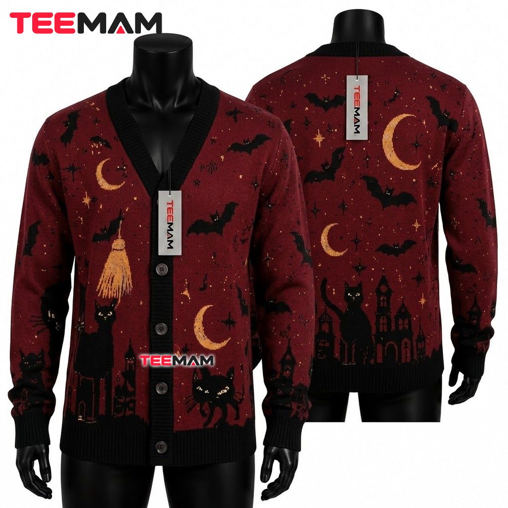 Maroon Halloween Cardigan Black Cat Bat 1