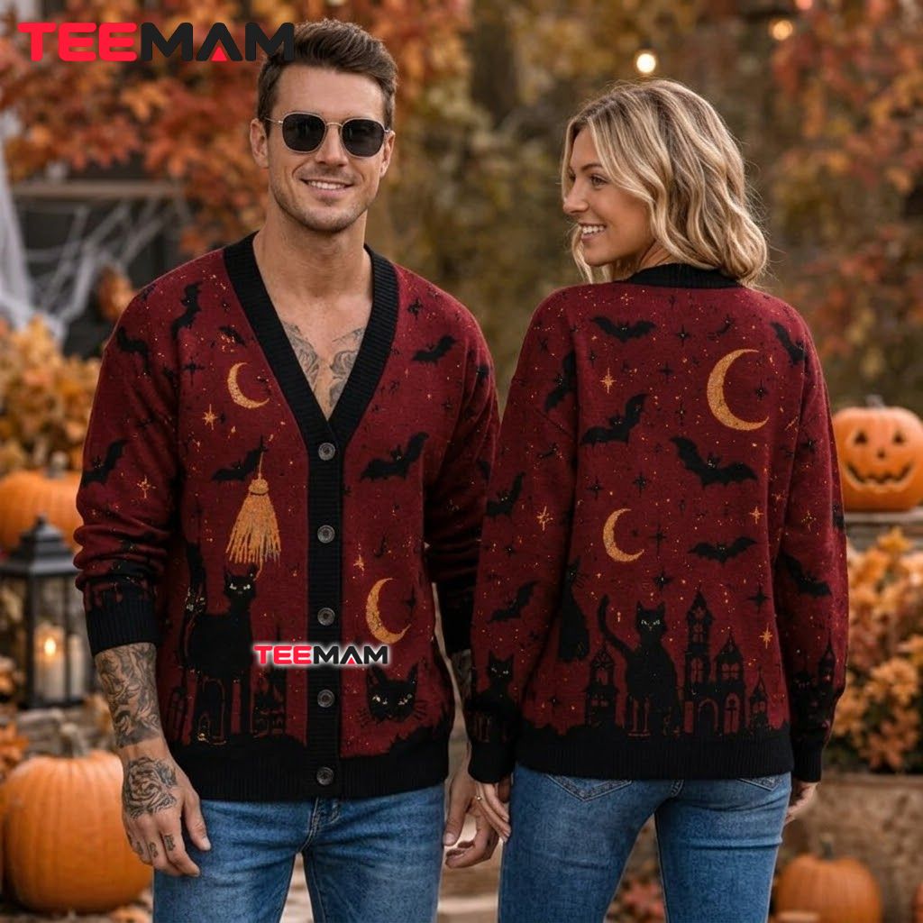Maroon Halloween Cardigan Black Cat Bat 2 Maroon Halloween Cardigan Black Cat Bat 2