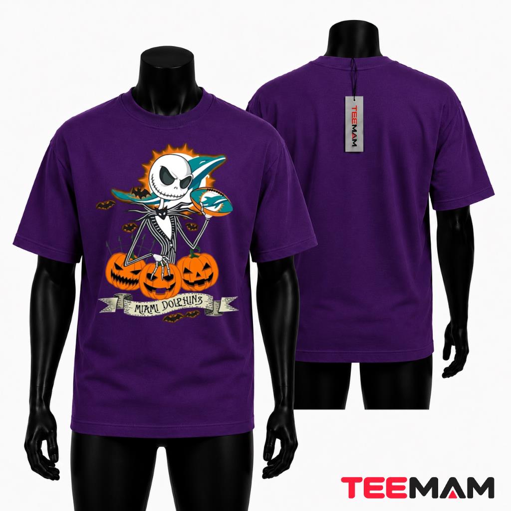 Miami Dolphins Halloween T-Shirt Jack Skellington Pumpkin