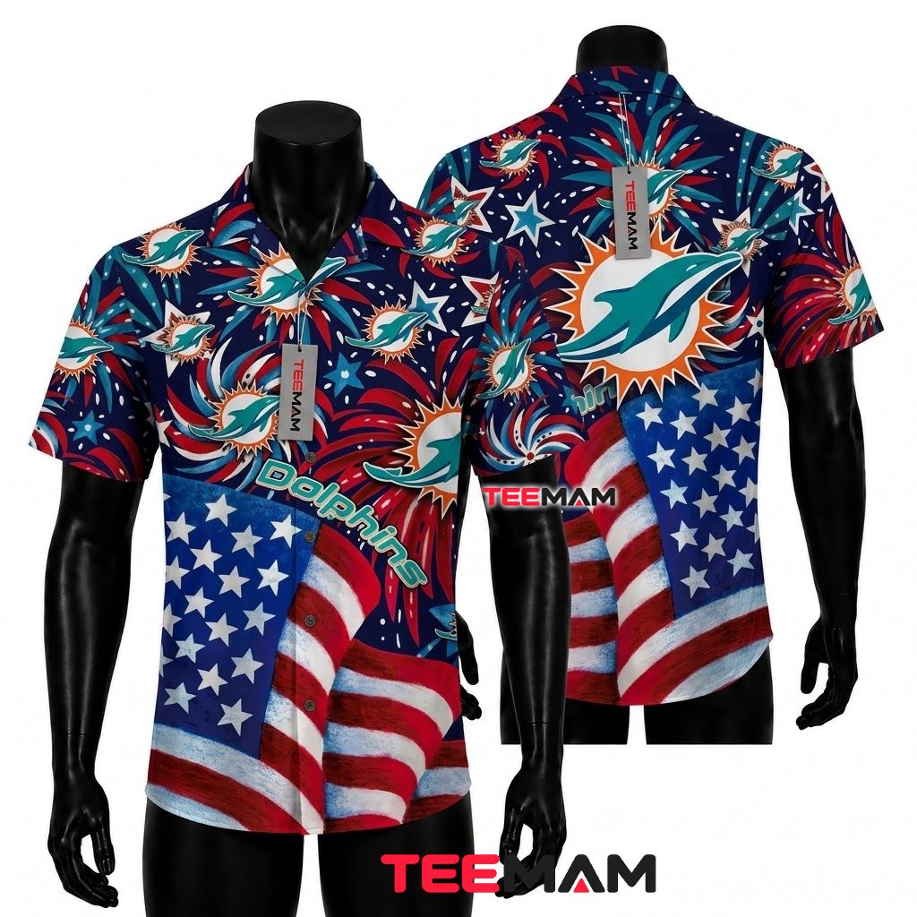 Miami Dolphins Hawaiian Shirt Fireworks Patriotic Front